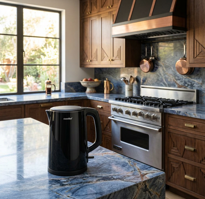 Comfee’ 1.7L Black Double Wall Electric Kettle featuring a powerful heating element for fast and efficient boiling.