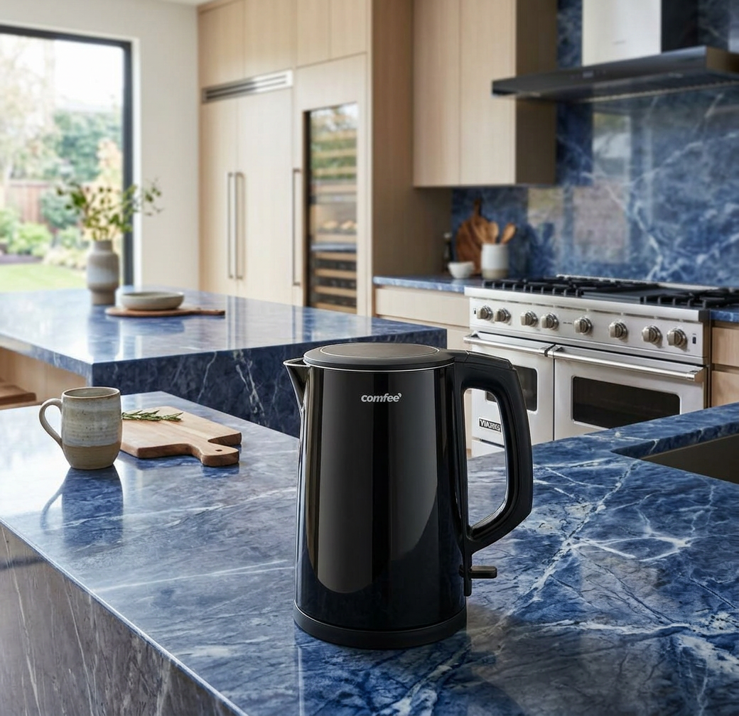 Comfee’ 1.7L Black Double Wall Electric Kettle displayed with coffee essentials for a perfect brewing experience.