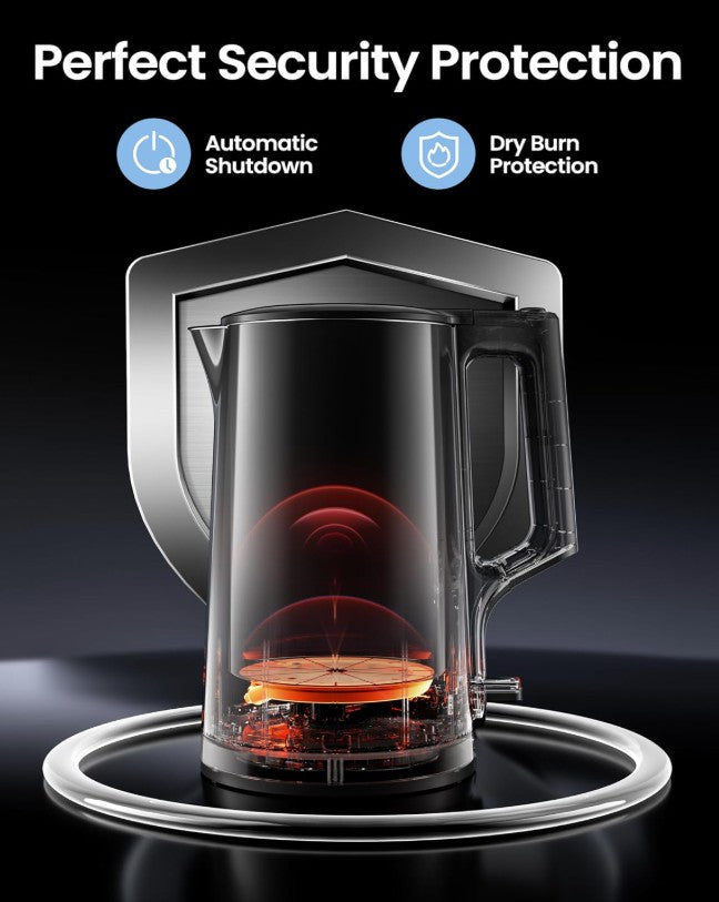 Comfee’ 1.7L Black Double Wall Electric Kettle in a contemporary kitchen setting, showcasing its sleek appearance.