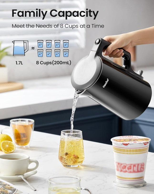 Detailed look at Comfee’ 1.7L Black Double Wall Electric Kettle demonstrating its smooth surface and easy handling.