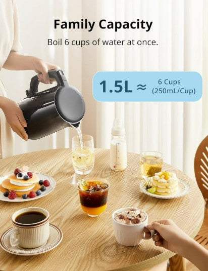 Feature shot of the Comfee’ 1.7L Black Double Wall Electric Kettle and a cozy mug set, perfect for tea and coffee lovers.
