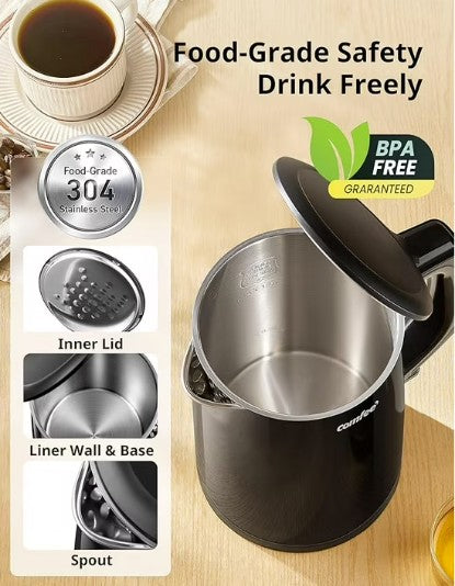 Comfee’ 1.7L Black Double Wall Electric Kettle designed for efficiency and style, perfect for a modern kitchen.