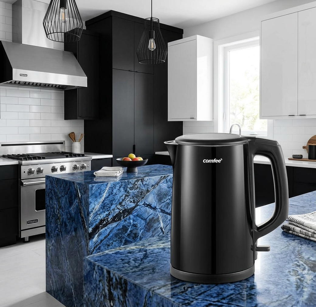 Comfee’ 1.7L Black Double Wall Electric Kettle in a serene kitchen environment, ideal for tea and coffee aficionados.
