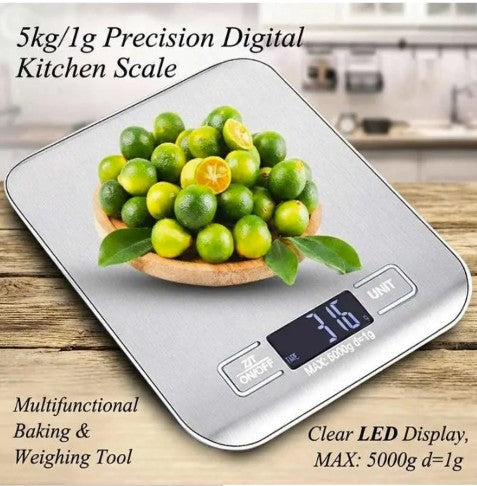 Digital Kitchen Food Scale, 11 lb Capacity with Tare Function, LCD Display & Stainless Steel Platform - digital kitchen scale with modern silver design