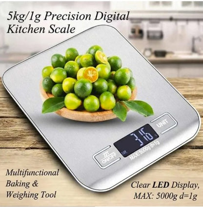 Digital Kitchen Food Scale, 11 lb Capacity with Tare Function, LCD Display & Stainless Steel Platform - digital kitchen scale with modern silver design