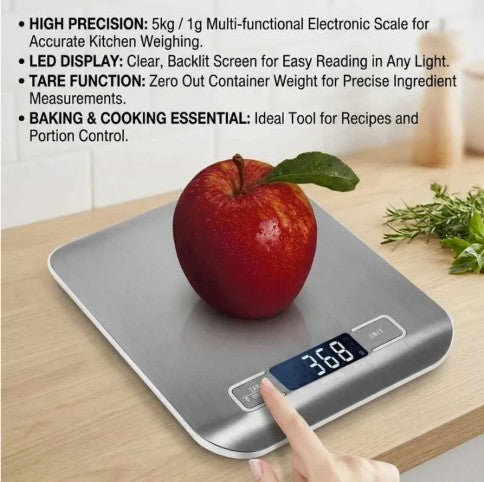 Digital Kitchen Food Scale, 11 lb Capacity with Tare Function, LCD Display & Stainless Steel Platform - digital kitchen scale with easy-clean surface