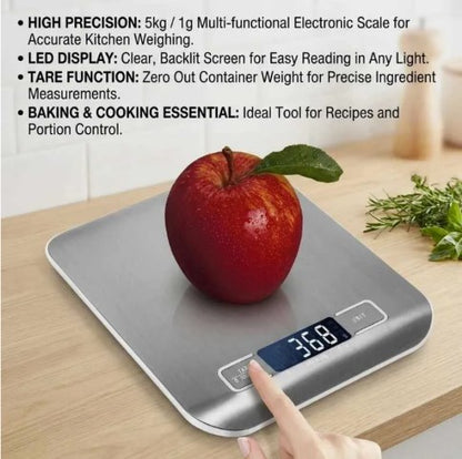 Digital Kitchen Food Scale, 11 lb Capacity with Tare Function, LCD Display & Stainless Steel Platform - digital kitchen scale with easy-clean surface