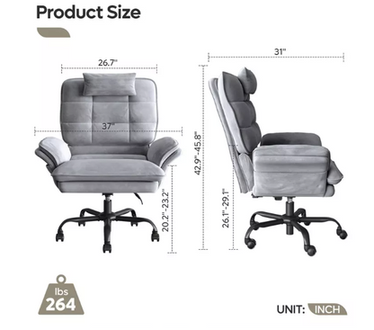 Detail of the dimensions and features of the Velvet Criss Cross Office Chair, promoting its ergonomic design as a reclining desk chair.