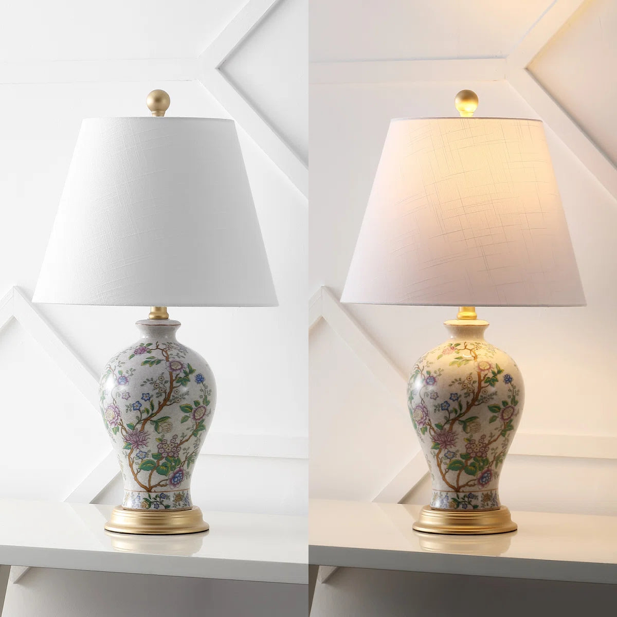 Elegant 24" Multicolor Ceramic Floral LED Table Lamp with Golden Base viewed from above, emphasizing its unique floral design as a multicolor table lamp.