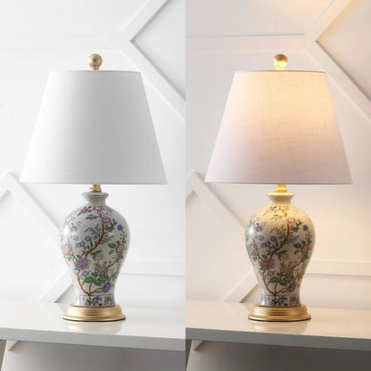 Elegant 24" Multicolor Ceramic Floral LED Table Lamp with Golden Base viewed from above, emphasizing its unique floral design as a multicolor table lamp.