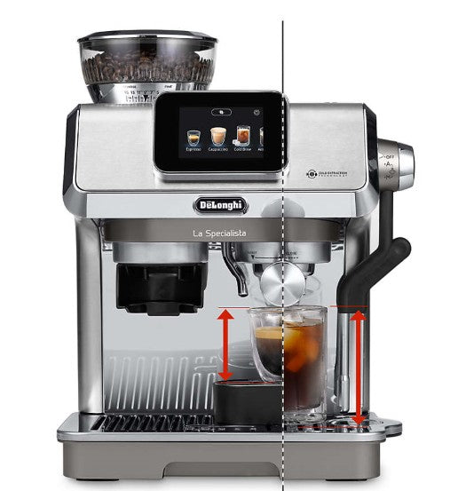 De'Longhi La Specialista Touch Espresso Machine with a selection of preset drinks options on the screen.
