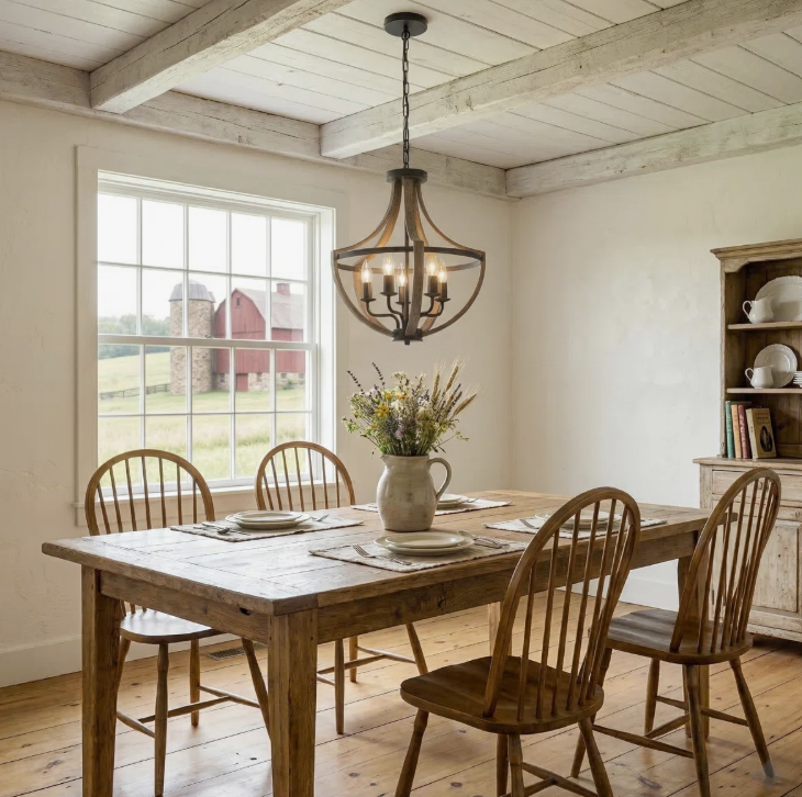 Charming display of the 5-Light Farmhouse Lantern Wood Chandelier highlighting its handcrafted solid wood finish.