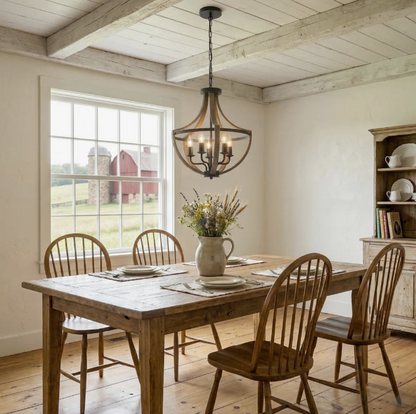 Charming display of the 5-Light Farmhouse Lantern Wood Chandelier highlighting its handcrafted solid wood finish.