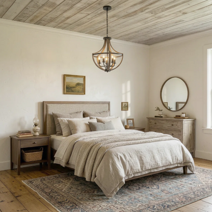5-Light Farmhouse Lantern Wood Chandelier styled in a rustic setting, illustrating its perfect fit for vintage-inspired homes.