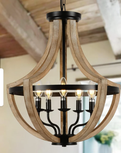 Stylish arrangement with the 5-Light Farmhouse Lantern Wood Chandelier as a centerpiece over a beautifully set dining table.