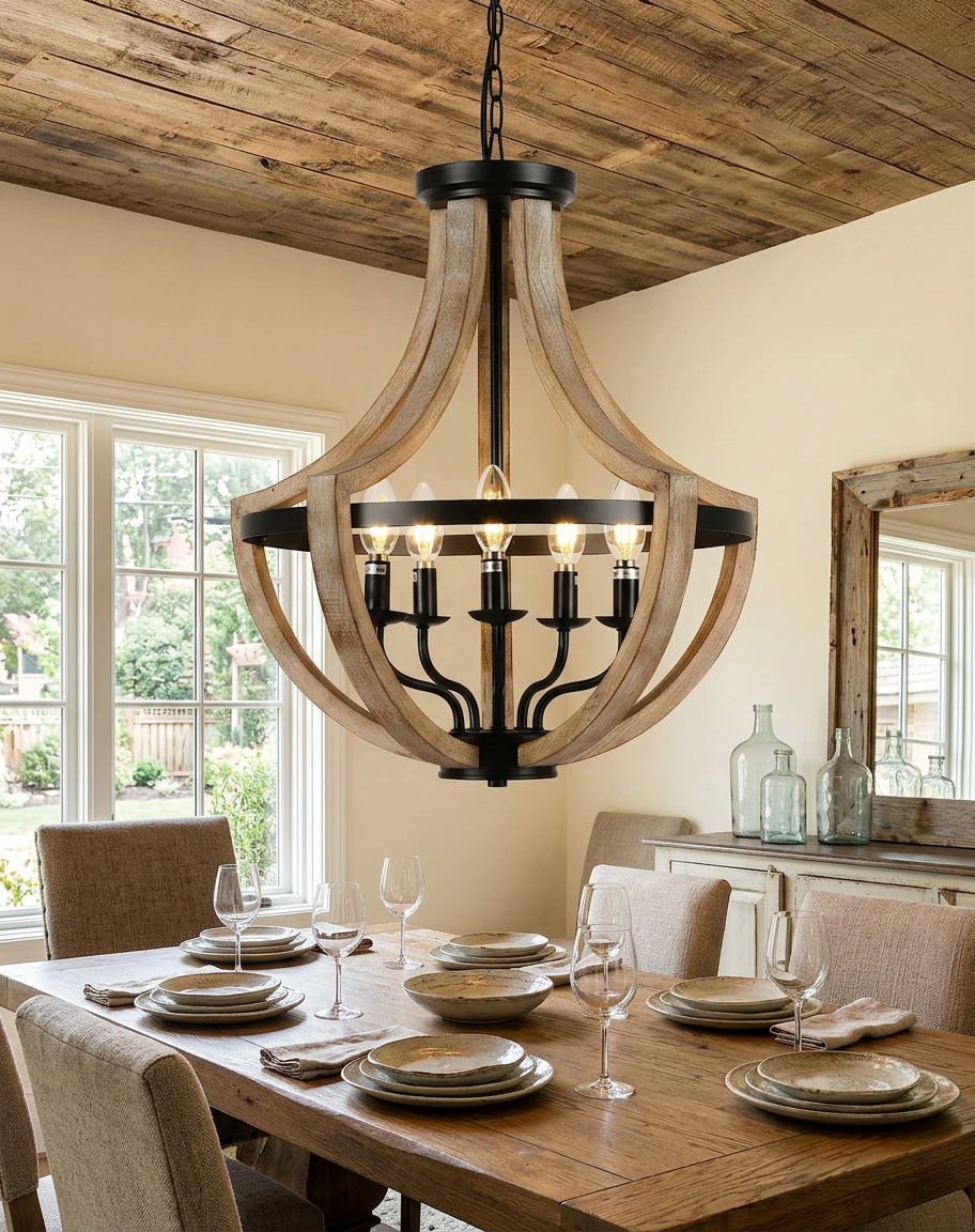 Creative interior design showcasing the 5-Light Farmhouse Lantern Wood Chandelier with a mix of rustic and modern elements.
