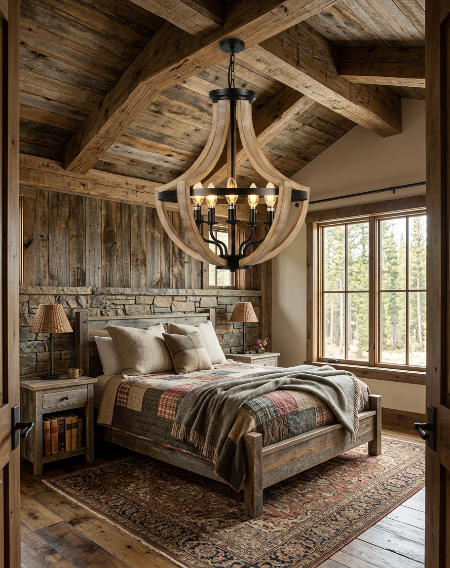 5-Light Farmhouse Lantern Wood Chandelier illuminating a decorative living space with soft, warm lighting.