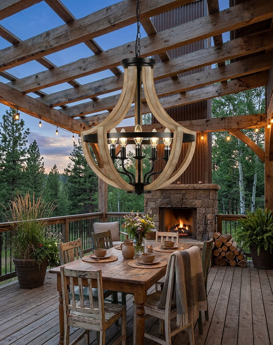 5-Light Farmhouse Lantern Wood Chandelier hanging elegantly, demonstrating its versatile farmhouse charm.
