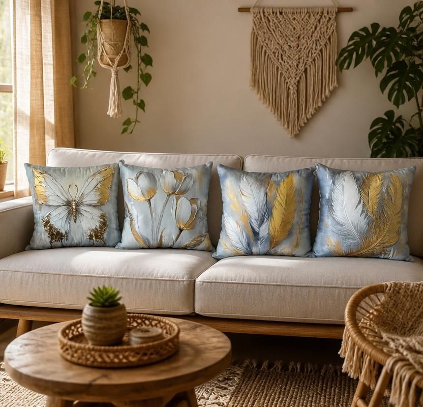 Set of 4 Gold Feather and Butterfly Bohemian Throw Pillow Covers, 17.7-Inch Decorative Cushion Cases, 45 x 45 cm decorative cushion covers