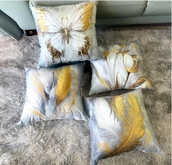 Set of 4 Gold Feather and Butterfly Bohemian Throw Pillow Covers, 17.7-Inch Decorative Cushion Cases showcasing soft polyester fabric and zipper closure