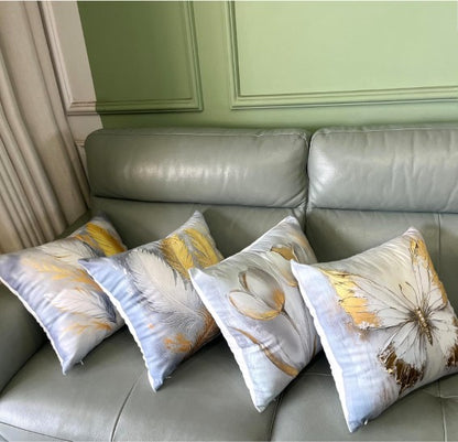 Set of 4 Gold Feather and Butterfly Bohemian Throw Pillow Covers, 17.7-Inch Decorative Cushion Cases for living room and bedroom décor