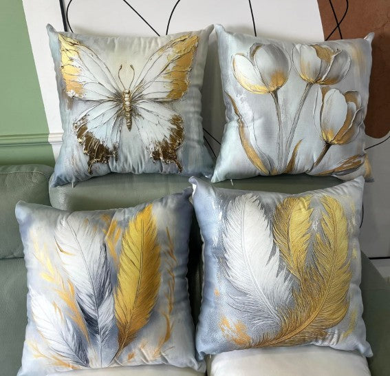 Set of 4 Gold Feather and Butterfly Bohemian Throw Pillow Covers, 17.7-Inch Decorative Cushion Cases paired with neutral home furnishings