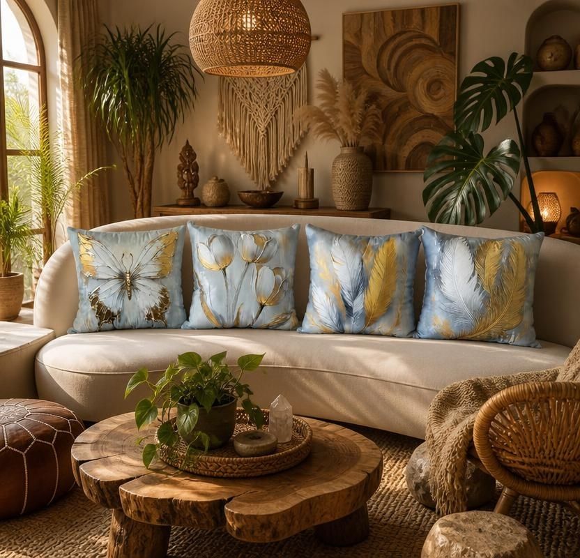 Set of 4 Gold Feather and Butterfly Bohemian Throw Pillow Covers, 17.7-Inch Decorative Cushion Cases with rustic bohemian gold butterfly pillow covers