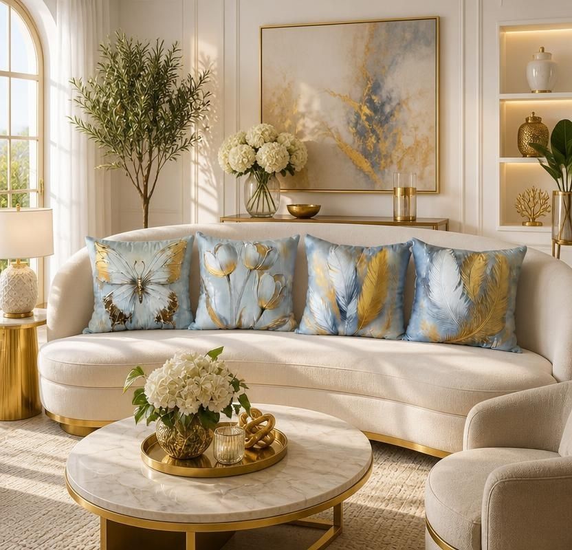 Set of 4 Gold Feather and Butterfly Bohemian Throw Pillow Covers, 17.7-Inch Decorative Cushion Cases featuring gold butterfly pillow covers