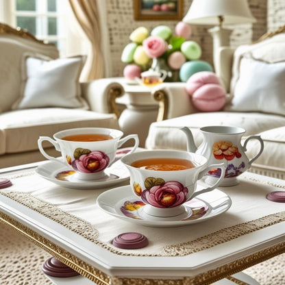 Elegant vintage floral tea cups from the Vintage Floral Tea Cup Set of 6, each 8oz ivory ceramic cup paired with a saucer and spoon.