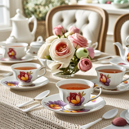 Decorative vintage floral tea cups displayed with matching saucers, representing the perfect gift set for tea enthusiasts.