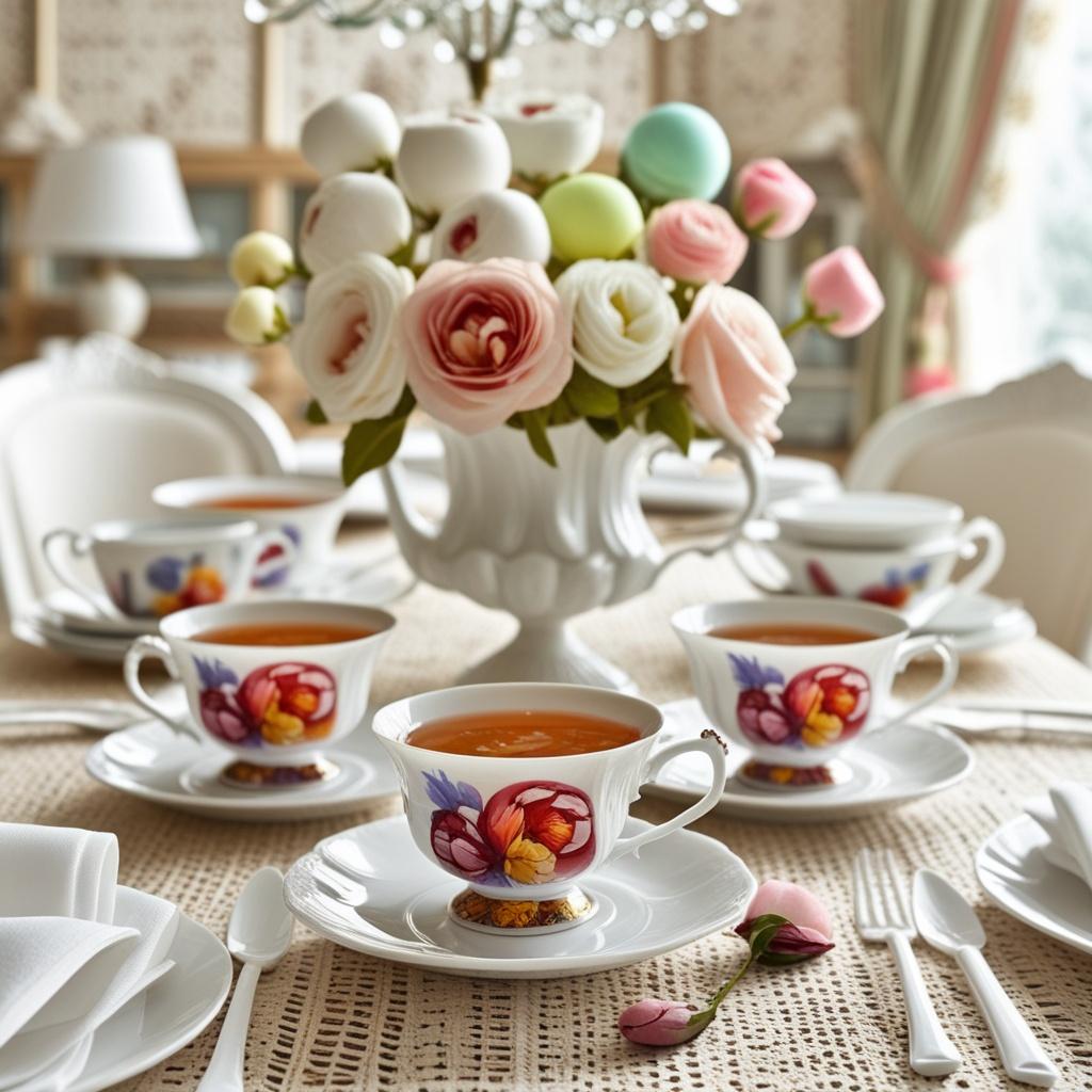 Artisanal look of vintage floral tea cups arranged with snacks, showcasing the gorgeous rose design and suitable for cozy afternoons.