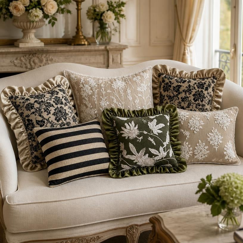 French Style Luxury Throw Pillow Cover - Black Floral Damask on Gold with Ruffled Edge, french style pillow cover with gold damask pattern