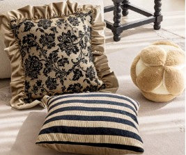 French Style Luxury Throw Pillow Cover - Black Floral Damask on Gold with Ruffled Edge, french style pillow cover for French-inspired décor