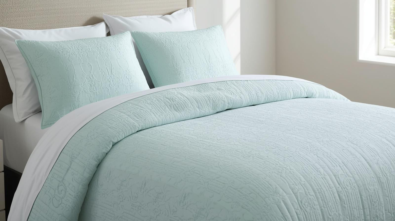 Full Queen Comforter Set - 3-Piece Jacquard in Light Aqua showcasing the elegant design and soft fabric.