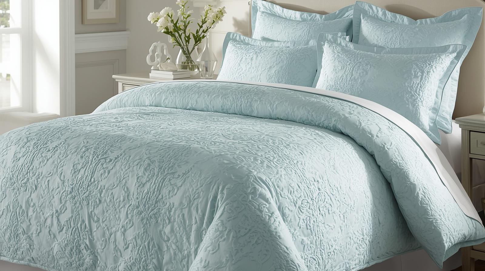 Full Queen Comforter Set displayed on a bed, highlighting its stylish light aqua color and comfortable design.