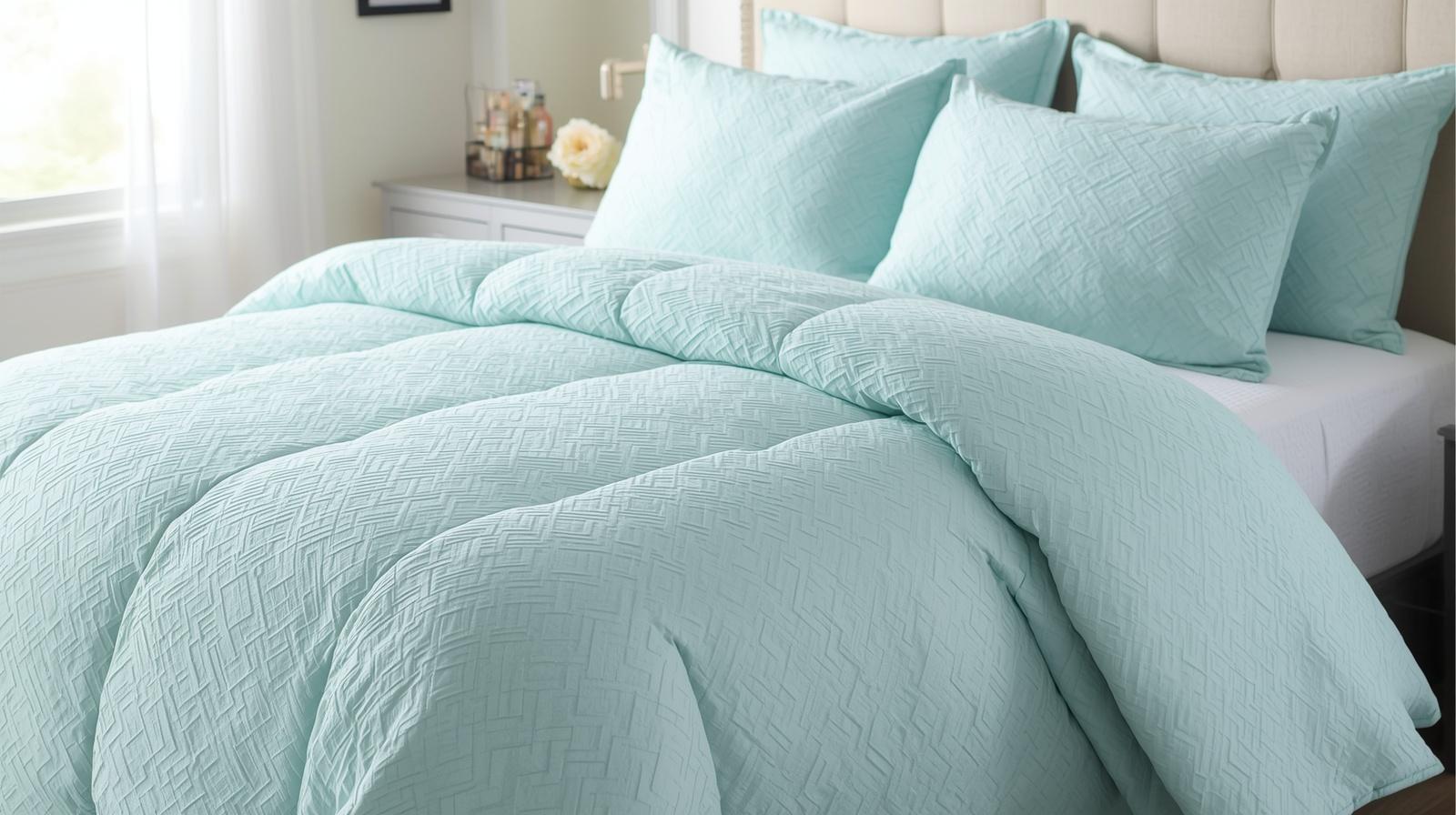Full Queen Comforter Set in Light Aqua, featuring two coordinating pillow shams and a cozy, chic bedroom decor.