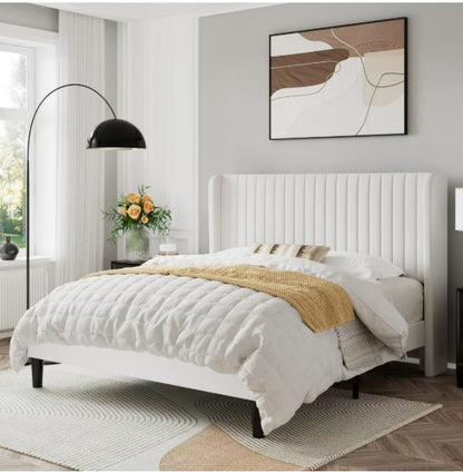 Product dimensions of Luxury Velvet Wingback Bed Frame, showcasing its suitability for small-to-medium bedrooms.