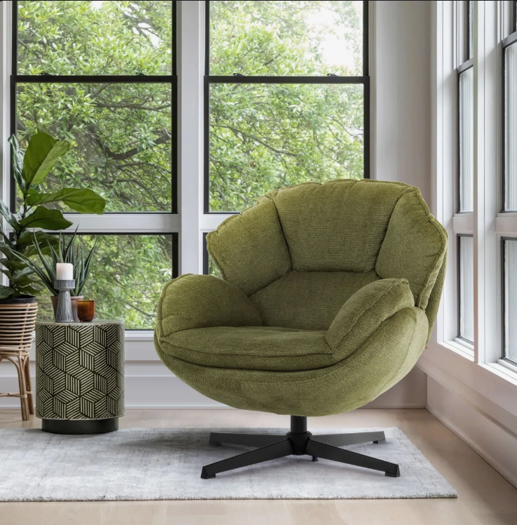 Modern Green Swivel Armchair styled in a cozy nook, surrounded by neutral decor for a chic look.