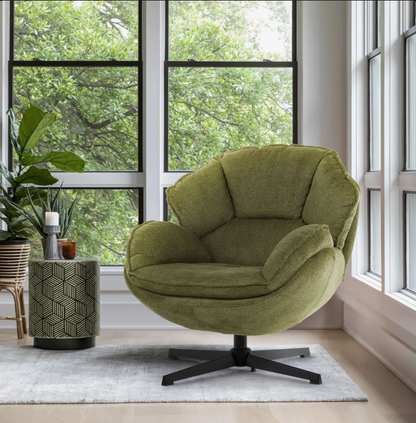 Modern Green Swivel Armchair styled in a cozy nook, surrounded by neutral decor for a chic look.