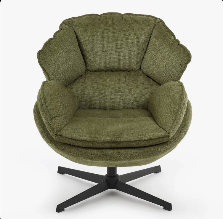 Detail shot of the Modern Green Swivel Armchair showcasing the green upholstered fabric and metal legs.