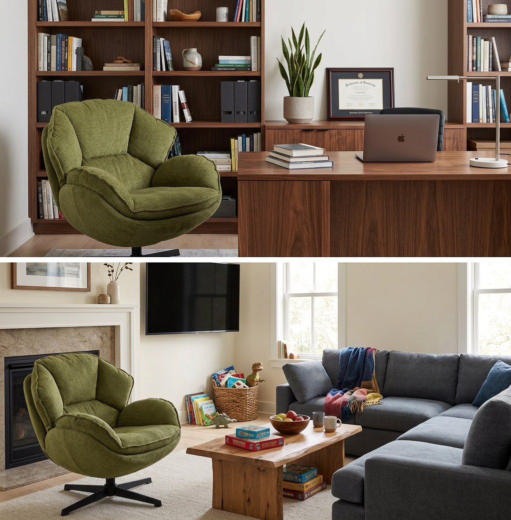 The Modern Green Swivel Armchair in use, demonstrating the excellent 360° swivel functionality.