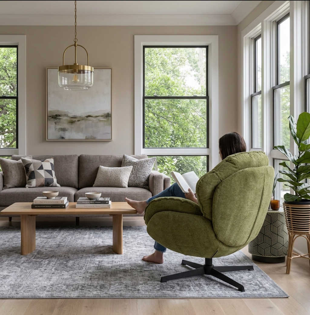 Complete view of the Modern Green Swivel Armchair during a lifestyle photoshoot, highlighting its versatility.