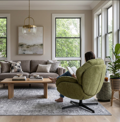 Complete view of the Modern Green Swivel Armchair during a lifestyle photoshoot, highlighting its versatility.