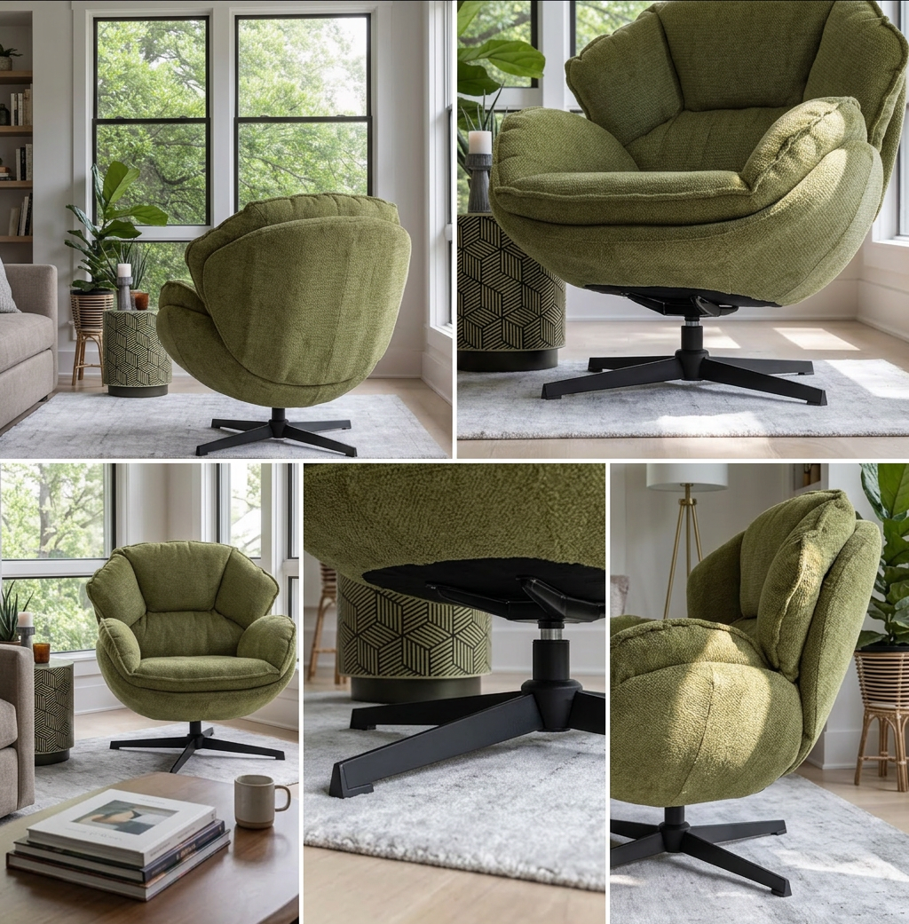 The Modern Green Swivel Armchair positioned next to a side table, perfect for adding comfort to any space.