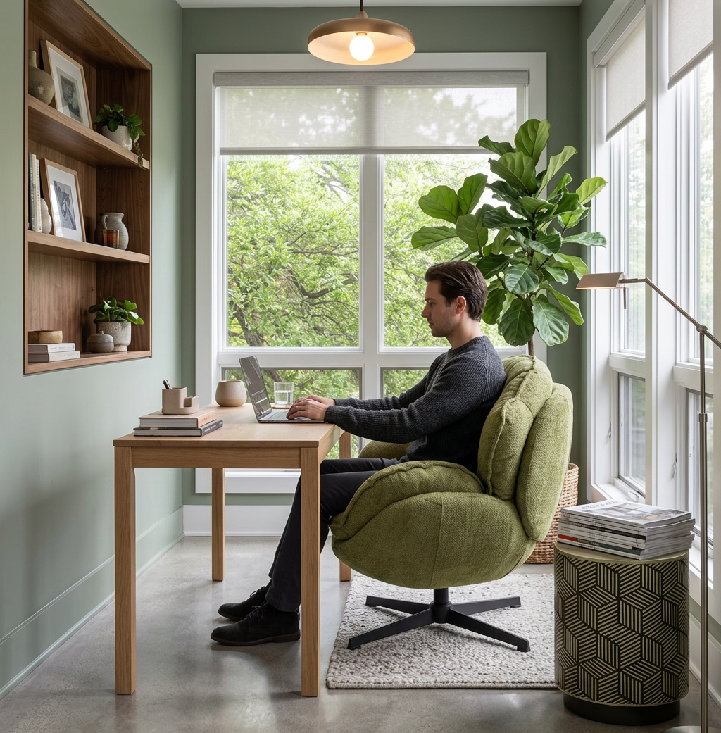The Modern Green Swivel Armchair in a stylish indoor setting, accentuating its blend of comfort and design.