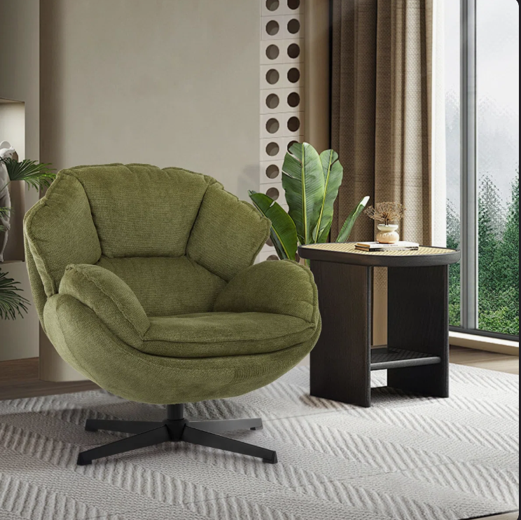 A well-decorated scene featuring the Modern Green Swivel Armchair, emphasizing its role as a design statement.