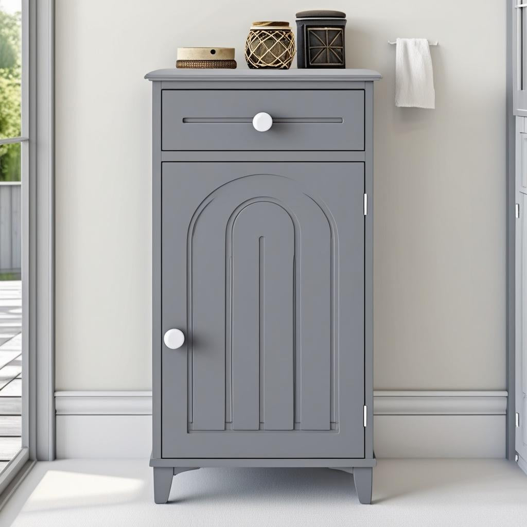 The Slim Grey Bathroom Storage Cabinet displayed in an elegant setting, reinforcing its role as a chic and practical gray freestanding organizer.
