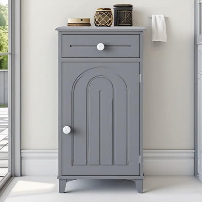 The Slim Grey Bathroom Storage Cabinet displayed in an elegant setting, reinforcing its role as a chic and practical gray freestanding organizer.