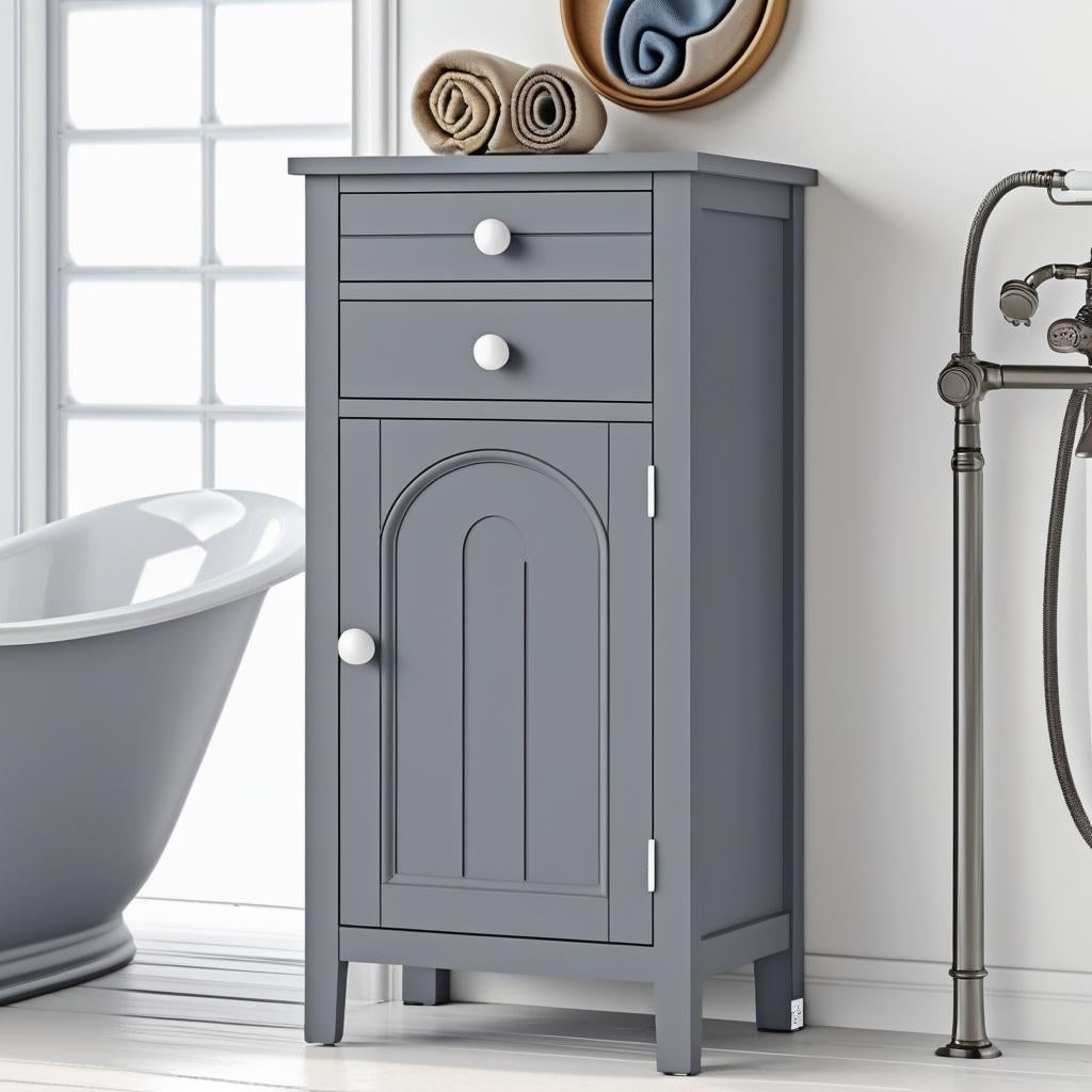 A narrow 14" Slim Grey Bathroom Storage Cabinet highlighting its space-saving design as a gray freestanding organizer among bathroom accessories.