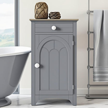 The Slim Grey Bathroom Storage Cabinet showing its sturdy construction and storage options, ideal for use as a gray freestanding organizer.